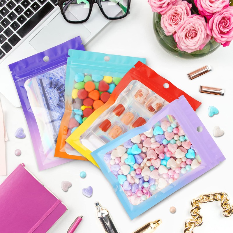 100 bolsas transparentes holográficas degradadas (3.1 x 5.1 pulgadas, morado