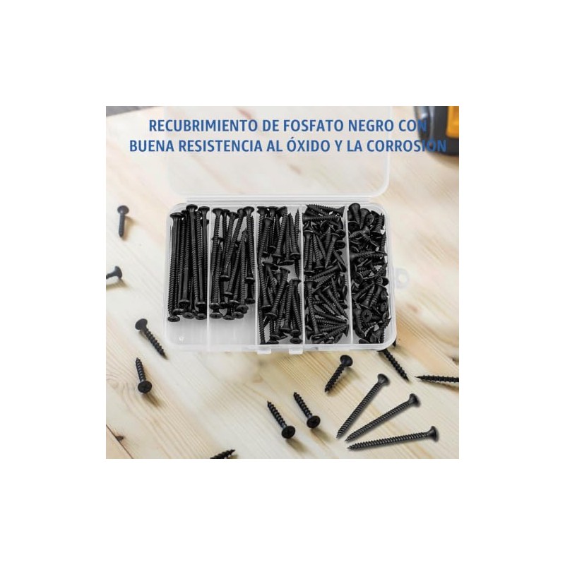 Tornillos para madera, 168 unidades, cabeza plana negra #6