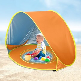 KBIBCK Beach Shelter Pop Up, Pop Up Beach Tent with UV Protection, Baby Beach Tent with Mini Pool, Portable Pop Up Baby Beach Tent with Carry Bag and Tent Stakes for Toddlers, Picnic, Garden (Orange)