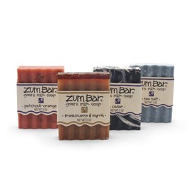 Indigo Wild Zum Bar Goat's Milk Soap - Earth and Sea Blends - Frankincense and Myrrh, Sea Salt, Patchouli-Orange, Cedar - 3 oz (4 Pack)