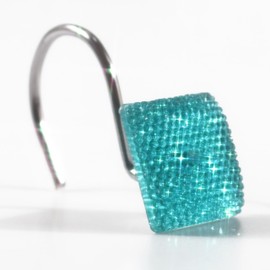 Glitter Shower Curtain Hooks Rings: Bling Sparkle Shiny Crystal Diamond Decorative Shower Curtain Hooks for Christmas & Holidays - Luxury Fancy Glam Curtain Hooks & Hangers (Teal Blue)