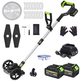 GIATATHA Electric Weed Wacker Cordless with Wheel, Brushless Grass Trimmer with 2 21V 4.0Ah Battery and Fast Charger, 3 Types of Blades String Trimmer, Weed Eater Battery Powered, Grass Cutter Machine