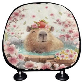 Finagallathe Cute Capybara Print Car Head Rest Covers Cherry Blossom Print Head Rest Cover Protector Suitable for All Seasons, Universal Fit Car Accessories