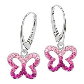 Crystal Butterfly Hook Earrings 925 Sterling Silver Girls Children Earrings (A Pink-Pink), Glass Sterling Silver enamel Glass Sterling silver, No Gemstone