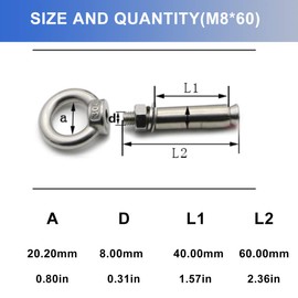 Amycheer Ring Lifting Expansion Eyebolt Screw Bolt 304 Stainless Steel Closed Hook Anchor Eye Bolt Wall Concrete Brick Expansion Screws Bolts Anchors Fastener M8x60mm 5 Pack