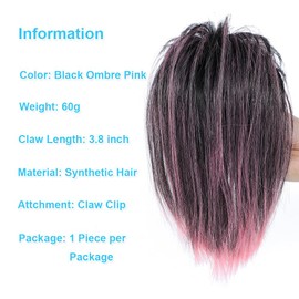 YOLANFAIRY Messy Bun Hair Piece Claw Clip in Hair Buns Hair Piece for Women Straight Short High Ponytail Extension Tousled Updo Faux Hair Bun Scrunchies for Girls (Black Ombre Pink)
