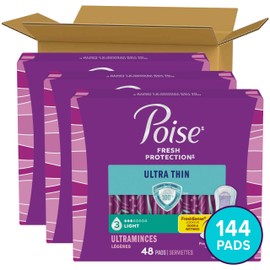 Poise Ultra Thin Incontinence Pads & Postpartum Pads for Bladder Leaks, 3 Drop Light Absorbency, Regular Length, 144 Count, Packaging May Vary