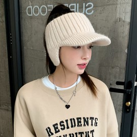 YUSSTAR Open Beanie with Earflaps Visor Brim Bun Ponytail Winter Golf Tennis Hats Women (Beige)