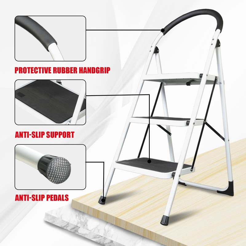 BIG RED 3 Step Ladder: Ergonomic Folding Stool with Anti-Slip