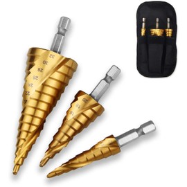 ONUEMP Step Drill, Hexagonal Drill, Set of 3, Spiral, Sharp, Titanium Coating, Spiral, HSS Steel Drill, Hexagonal Spiral (Set of 3, 0.13 - 1.3 inches (4 - 32 mm), 0.1 - 0.8 inches (4 - 32 mm), 0.1 - 0.4 - 0.5 inches (4 - 20 mm), 0.4 - 0.5 inches (4 - 12 mm)