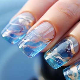 Medium Press on Nails Square Fake Nails with Gold Foil Gradient Designs Summer Nails Press ons Glossy Glue on Nails Dark Blue False Nails Cute Acrylic Nails Artificial Stick on Nails for Women 24Pcs