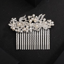 Teyglen Crystal Wedding Hair Comb Bridal Pearl Flower Hair Side Comb with Rhinestones Vintage Gold Silver Flower Rhinestone Headpieces Hair Accessories for Women Bride (Silver)