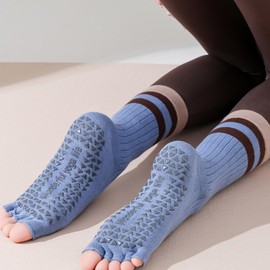 Hammist Yoga Socks, Five Toes, Open Type, Anti-Slip, Mid-Length Yoga Socks, 80% Cotton, Breathable, Durable, Antibacterial, Odor Resistant, Indoor Fitness, blue