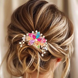Jovono Rhinestone Bridal Hair Comb Gold Bride Wedding Flower Crystal Headpieces Vintage Hairpins for Women (Colorful)
