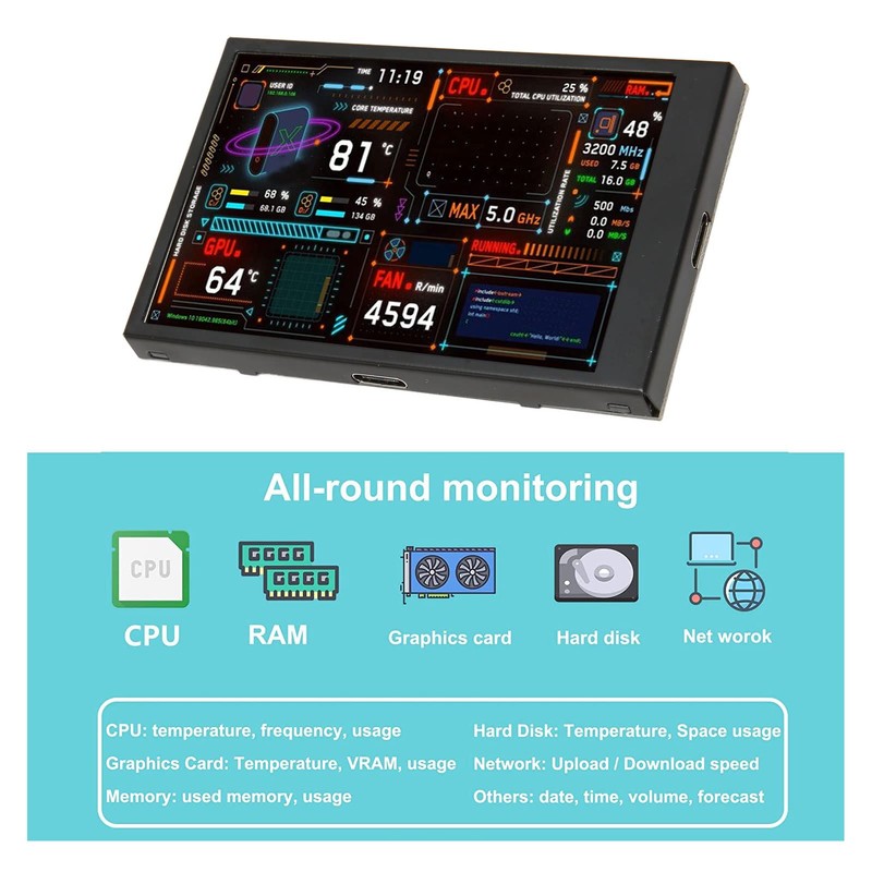 Computer Temperature Monitor, 3.5 Inch Display, Data Display, USB C
