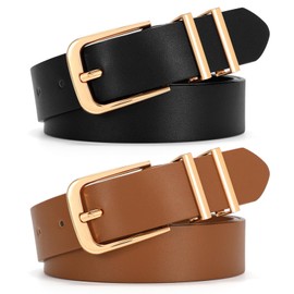 SANSTHS 2 Pack Women Belt for Jeans Pants, Simple Fashion Ladies Waist Belt with Gold Buckle, 1inch Width, Black+Brown M