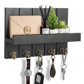 Nastopee Key Rack with Shelf, Decorative Wooden Wall Shelf, Key Rack Wood Black, with 5 Key Hooks, for Entrance, Hallway, Bedroom, Living Room