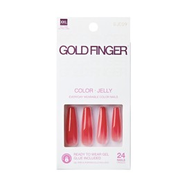 GoldFinger False Nails Kit, Jelly Color Ready to Wear Red Fake Nails, Manicure Stick and Glue Included, XX-Long Length, Coffin Shape, Long-Lasting Hottest Trend Glue on Nails