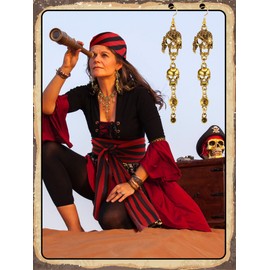 Fourluoo 4 Pieces Pirate Costume Women Pirate Hat Pirate Head Scarf Pirate Sash Belt Necklace Earrings Pirate Accessories(Stripe)