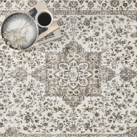 Washable Area Rug 4x6 - Rugs for Living Room Bedroom Non Slip Low Pile Floor Carpet Ultra Soft Vintage Rug for Dining Room Playroom Home Indoor Beige