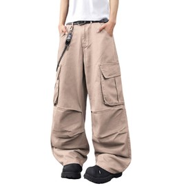 DFGIGT Baggy Denim Cargo Pants for Men with Pockets Mid Weight Wide Leg Hip Hop Skater Jeans Streetwear Casual Jinco Y2k Trousers Relaxed Loose Oversized 2000s Solid Color,B20 Khaki,Large