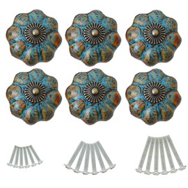 Cabinet Knobs 6 Pack Glazed Ceramic Knobs with Pumpkin Shape for Decor Door Pull Handle for Vintage Cabinet Drawers, Closets, Cupboard (Blue)