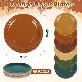 Whaline 60Pcs Fall Paper Plates 9 Inch Orange Green Round Plates 6 Solid Colors Disposable Plate for Autumn Harvest Thanksgiving Tableware Supplies