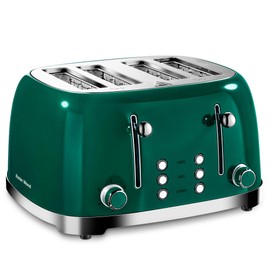 Roter Mond 4 Slice Toaster Retro Stainless Steel with Bagel Defrost Cancel Function, 6 Browning Settings, Extre Wide Slot and Removable Crumb Tray, Green, ST033