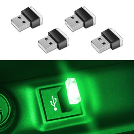 Wuyaoyao 4PCS USB LED Car Interior Atmosphere Lamp, Plug-in USB Interface Decor Lighting Kit, Portable Mini LED Ambient Night Light, Universal Car Accessories Ambient Light (Green)