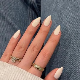 SXVME Uñas Postizas Cortas Almendradas Color Beige, Uñas Postizas Adhesivas, Uñas Acrílicas Gruesas de Aspecto Natural, Hechas A Mano con Gel de Alta 