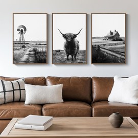 Framed Highland Cow Wall Art for Living Room, 3 Piece Black and White Farmhouse Canvas Artwork for Walls，Vintage Rustic Barn Western Farm Picture Prints for Bedroom Dining HallWay Wall Decor 16x24 In