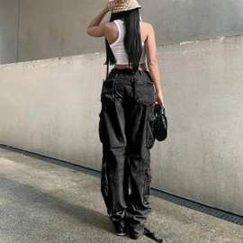 Viatabuna Women's High Rise Straight Leg Y2K Streetwear Cargo Pants Baggy Boyfriend Pants with Pocket Black