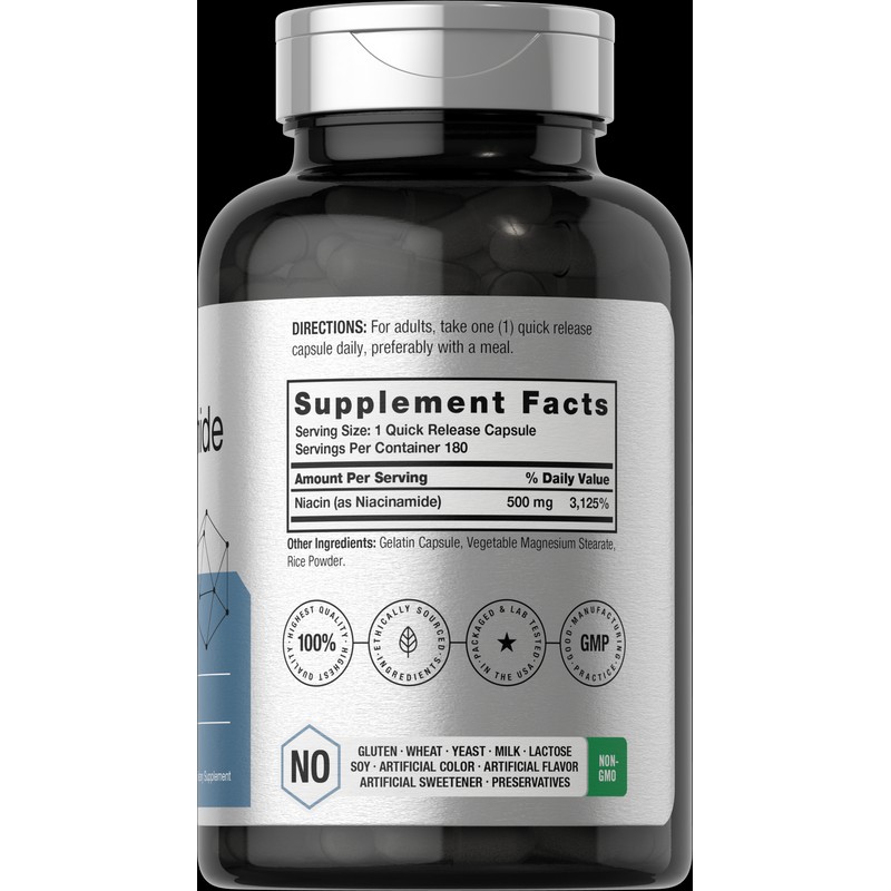 Horbäach Nicotinamide 500mg | 180 Capsules | Non-GMO, Gluten Free