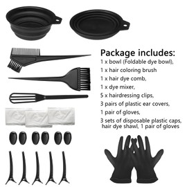 25 Pcs Hair Dye Bowl and Brush Kit, DIY Beauty Salon Hair Bleaching Tools Kit, Tint Bowl and Brush Set for Ear Cover, Shawl, Gloves, Hairdressing Clips, Highlighting Comb