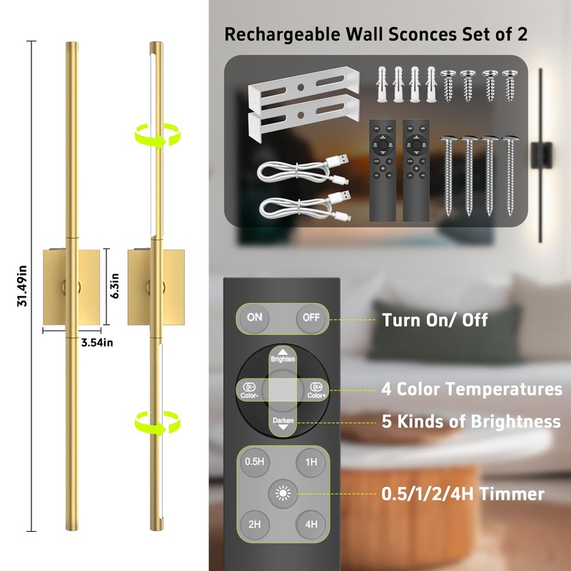 Battery Operated Wall Sconces Set of Two: Dimmable Wireless Wall