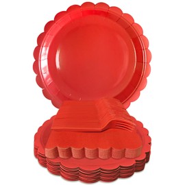 WYQJHKV Red Paper Plates and Napkins,7 Inch Red Scalloped Disposable Dessert Plates Paper Napkin Fork Party Supplies for Wedding Baby Shower Birthday(25 Guest)