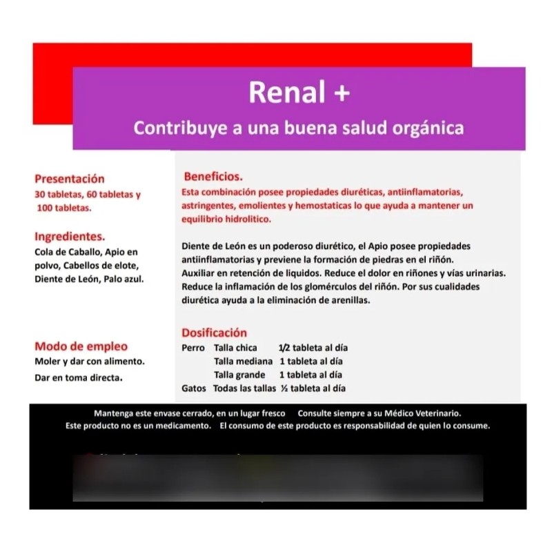 Suplemento Renal + 30 Tabs Vias Urinarias Perro Gato