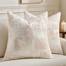 HAUSSY Pack of 2 Lumbar Throw Pillow Covers 18x18 Inch,Faux Cashmere Jacquard Decorative Patten Furry Pillowcases Textured & Soft Cushion Covers for Couch Bed Room Home Decor,Pink White(Covers Only)