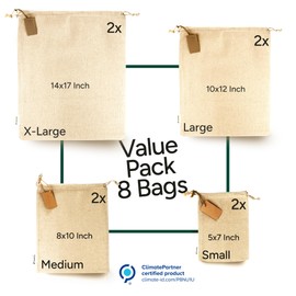 LEAFICO Muslin Cloth Bags with Drawstrings - Set of 8 (S, M, L, XL) - Reusable Natural Cotton Bags for Bulk Food Storage - Canvas Fabric Sachets