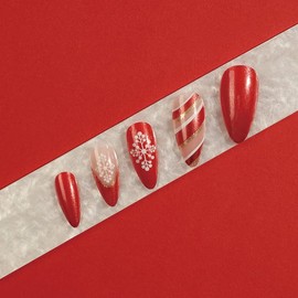 Christmas Press On Nails, Almond Medium Shape Fake Nails on 24PCS with Glue for Women Girls，Stick On Nails, Glue on Nails, (Almond Ribbon, Varied)