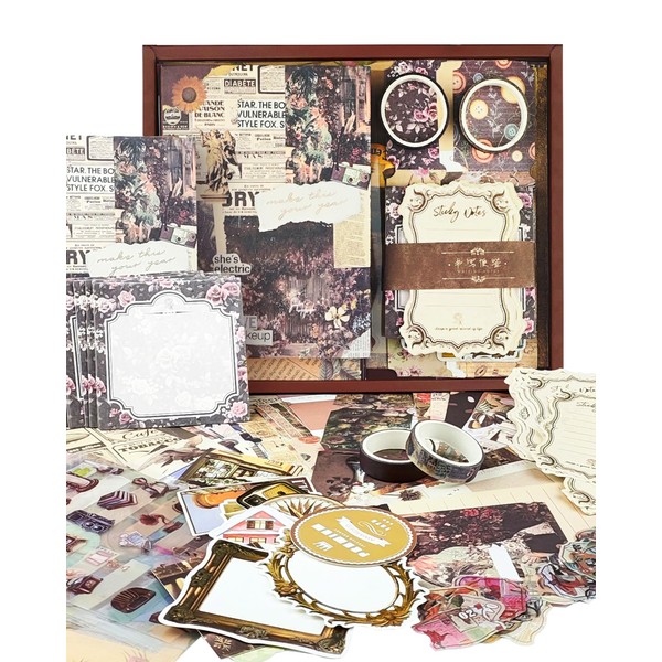 XHYZYX 136 Pieces Vintage Scrapbook Accessories Set, Bullet Journal Accessory Kit with A6 Grid, Notebook, Scrapbooking, Stickers, Paper Craft Scrapbook Gift for Girl