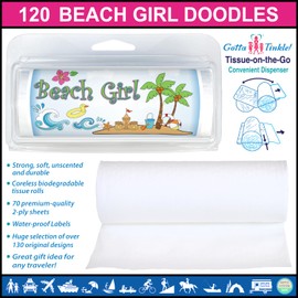Premium Quality Mini Toilet Paper Rolls | Travel-Size | Convenient Plastic Dispenser | Lightweight & Compact | Travel & Vacation Designs (3-Pack) (120 Beach Girl Doodles)