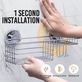 LEVERLOC Shower Caddy Suction Cup, Organizer with Hooks & Soap holder for Inside Shower, Removable Bathroom Shelf