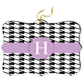 Fancy Christmas Ornament with String -Rearview Mirror Hanging Accessory, Car Accessories Letter H Monogram - Houndstooth Dogtooth Easter Purple on Black Design - Christmas Ornament
