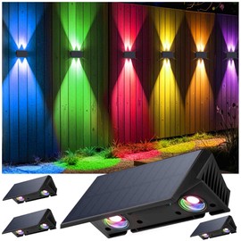 Solar Fence Lights, 4-Pack Fence Lights Solar Powered Warm White & RGB, Up & Down Solar Wall Lights Outdoor, Waterproof Solar Lights 120 Lumens Bright Dusk to Dawn for Yard/Pool/Porch/Patio/Railing