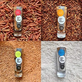 SAL DE AQUÍ - Set de 4 frascos de sal premium - Sal de gusano de maguey/Sal de chapulín/Sal de chiles y citricos/Flor de sal natural - 30% menos sodio