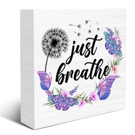 OOINISUU Motivational Just Breathe Wooden Box Sign Wood Sign Decor Positive Mental Health Dandelion Butterfly Wooden Block Sign Decoration for Home Office Shelf Desk