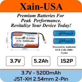 Xain-USA 3.7V 5200mah 19.24Wh Rechargeable Li-ion Battery Pack with JST-XH 2Pin Connector