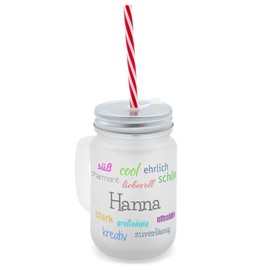 Printplanet Drinking Glass with Handle and Straw – TM) Printed with Name Hanna Layout Beneficial Effects Handle Frosted Glass with Lid and Straw