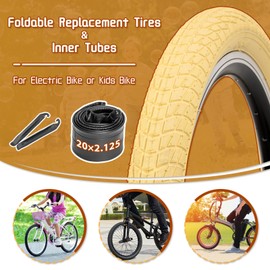 WHEELO 2-Pack 20 inch Kids Bike Tire, 20x2.125 BMX Bike Tires Folding Replacement Tires with 20 inch Inner Tube Schrader Valve and 2 Levers, Compatible with BMX Bike and Kid Bike - Cream